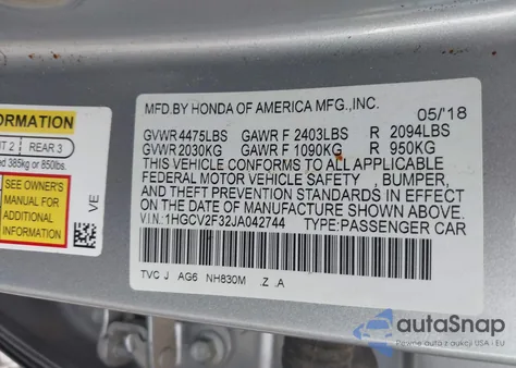 2018 Honda Accord Sport 2.0T from USA, damaged, VIN 1HGCV2F32JA042744